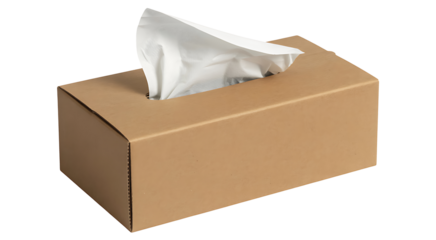 A single brown cardboard tissue box with a white tissue peeking out of the top, placed against a transparent background