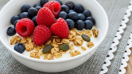 Healthy Yogurt Bowl with Fresh Raspberries, Blueberries, Granola, and Pumpkin Seeds