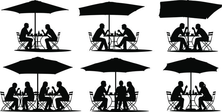 Set of black silhouettes showing people enjoying a meal, eating, or socializing at outdoor cafe tables under large patio umbrellas, vector illustration pack.