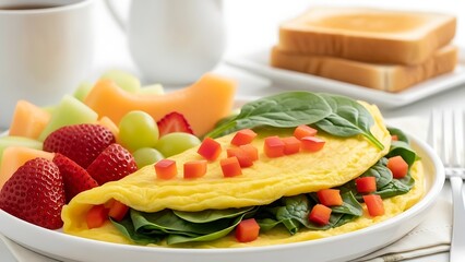 Healthy Breakfast Plate with Spinach Omelette, Fresh Fruit Salad, and Toast