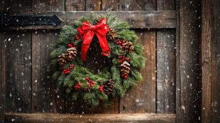 Festive Christmas Wreath with Red Bow Pinecones and Red Berries Hanging on Wooden Gate