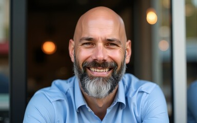 Portrait of Adult bald smiling attractive man forty years with beard in blue shirt businessman against glass wall of the street cafe. High quality