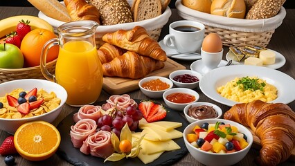 Luxurious Breakfast Buffet with Croissants, Fruits, Coffee, and Scrambled Eggs