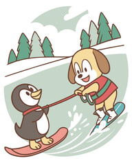 Cute Cartoon Dog and Penguin Water Skiing Illustration