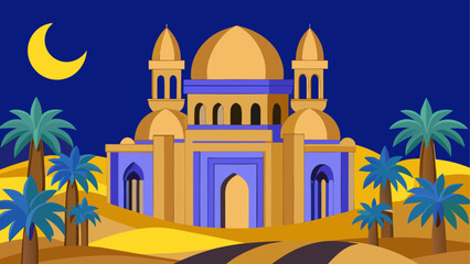 Fototapeta premium Serene Desert Oasis Scene with Camel, Palm Trees, and Water Reflection