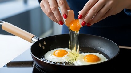 Close-up of Hands Cracking a Fresh Egg into a Hot Frying Pan for Breakfast