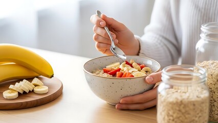 Woman Enjoying Healthy Oatmeal Breakfast with Fresh Fruit and Nuts