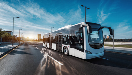 Modern Electric Bus Driving on City Road, Clean Transportation and EcoFriendly, Sunny Day