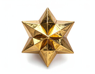 Brilliant golden six-pointed star with a multifaceted geometric design, reflecting light beautifully, isolated on a pure white background, embodying themes of success and celebration