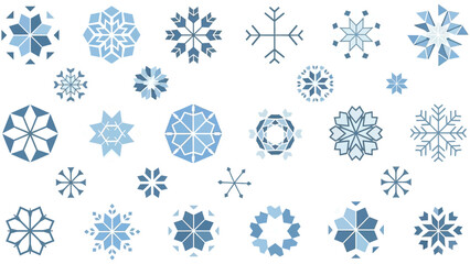 Collection of various blue and white geometric snowflake patterns scattered across a light background