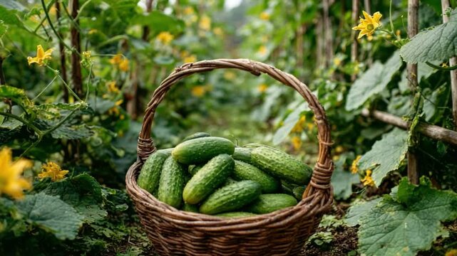 Harvest Basket of Fresh Cucumbers: A rustic wicker basket overflowing with freshly picked cucumbers, nestled amidst vibrant cucumber plants, embodying the essence of a bountiful harvest.