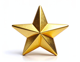 A sparkling golden three-dimensional star, expertly polished and gleaming on a pristine white background, embodies the concept of excellence, symbolizing achievement, success, and quality