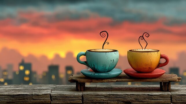 Minimal lifestyle coffee and happiness in daily routine Colorful cups on a wooden surface at sunset. Morning Coffee Rituals