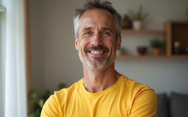 male portrait of soft smiling 45 years old European man in yellow t-shirt at home. High quality