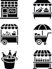 Market stalls and street food vendor carts solid glyph icons set