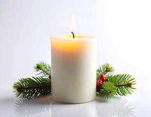 Close-up of a lit white candle surrounded by festive pine branches and holly berries, evoking a warm and serene holiday atmosphere