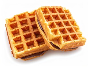 Two golden waffles stacked with chocolate filling