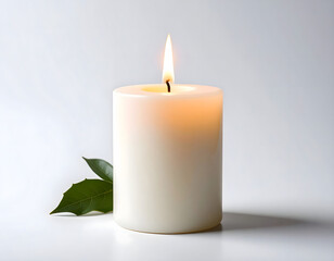 A lit white candle casts a warm glow, accented by a single green leaf against a clean white background