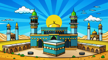 Vibrant Stylized Desert City Illustration with Mountains and Sunset