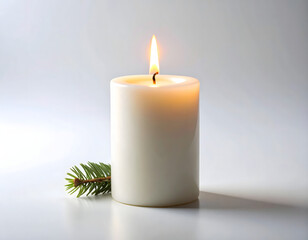 A lit white pillar candle casting a warm glow with a sprig of pine beside it on a clean white background