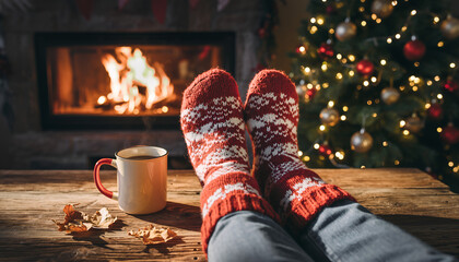 Cozy feet in knitted socks by a warm fireplace.