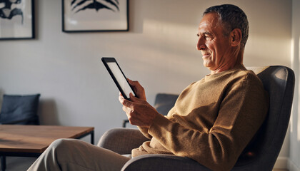 Senior Man Relaxing at Home Using Tablet Computer. Elderly Male Reading, Browsing, or Working on Digital Device in Modern Living Room, Leisure, Retirement, Technology