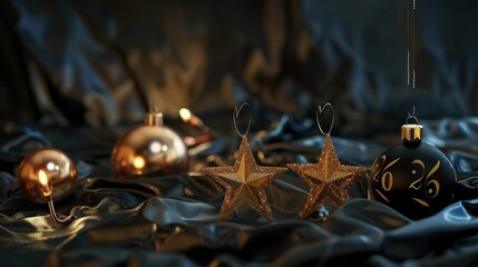 Festive Gold and Black Christmas Ornaments on Satin Fabric with Warm Lighting