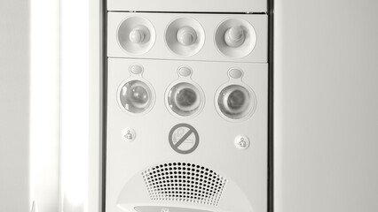 Modern white air conditioning unit in the airplane with control panel and indicator lights for indoor climate control, toned with Colour of the year Cloud Dancer