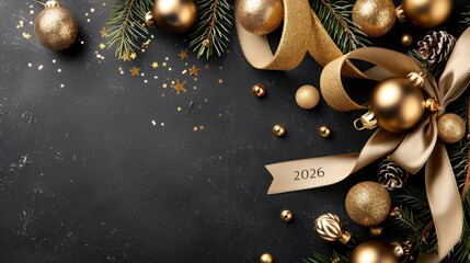 Festive Gold and Silver Christmas Decorations with Pine Branches and 2026 Tag on Dark Background