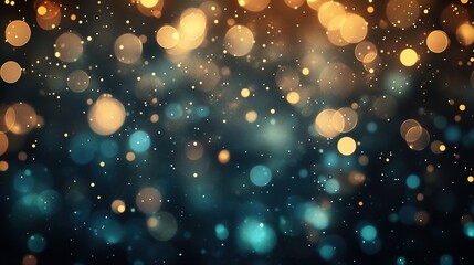 Wide banner with golden and teal bokeh lights on dark background, glowing particles and copy space, luxurious elegant vibe, perfect for New Year’s Eve and special events, modern digital art style.