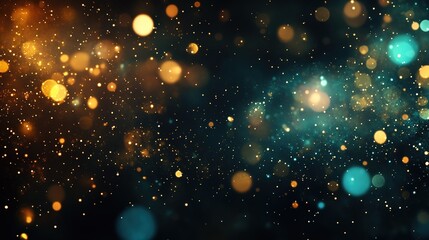 Wide banner with golden and teal bokeh lights on dark background, glowing particles and copy space, luxurious elegant vibe, perfect for New Year’s Eve and special events, modern digital art style.