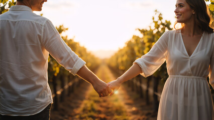 Romantic couple holding hands walking in a vineyard at sunset. Young man and woman in white clothes enjoying a date in a winery field during golden hour