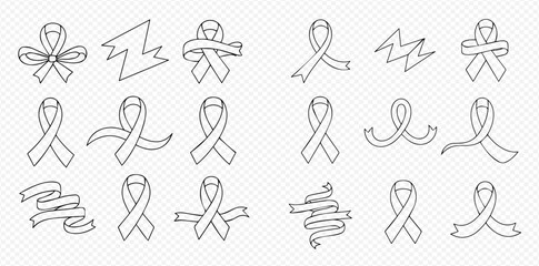 Outline vector set of awareness ribbons, banners, and bows for various causes and celebrations, isolated on a transparent background.