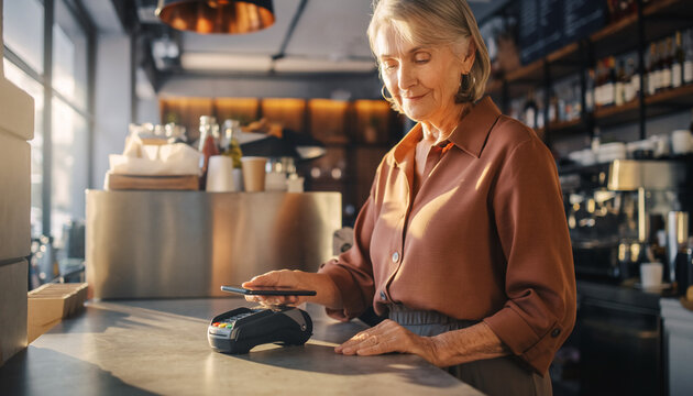 Senior Woman Paying with Contactless Payment at Cafe Counter, Modern Technology, Digital Transaction, Wireless, Smartphone, Cafe Interior.