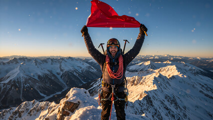 Happy mountaineer holding a red flag on a snowy mountain summit. Successful climber celebrating victory at sunrise. Achievement and adventure concept