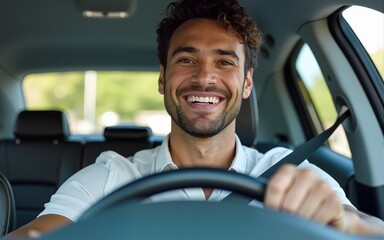 Handsome smiling latin man driving a car. Car sharing concept. High quality