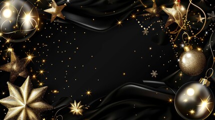 Festive Gold Silver Christmas Ornaments Sparkling Decorations on Black Satin Background