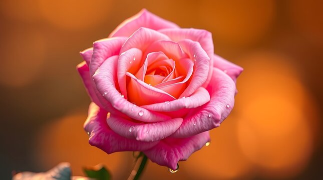 Close up of a pink rose with water droplets on its petals against a blurred orange background - Powered by Adobe