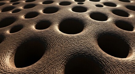 Obraz premium Textured earthtoned surface covered in numerous dark circular depressions