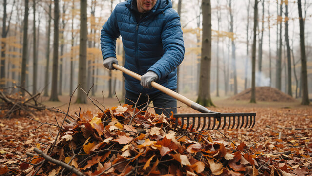 Man raking autumn leaves in a forest. Male gardener cleaning up fallen foliage with a rake. Seasonal yard work concept - Powered by Adobe