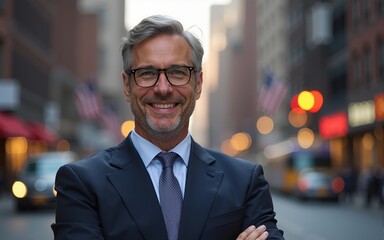 Smiling mature business man with arms crossed on evening New York street. High quality