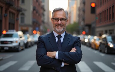 Smiling mature business man with arms crossed on evening New York street. High quality