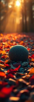 A lone spheroid rests amongst fallen hues, bathed in spectral light and profound stillness ,  deep,  shadow