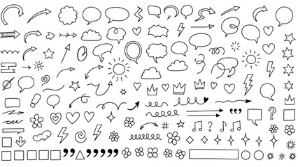 Hand-Drawn Doodle Elements Set: Arrows, Speech Bubbles, Hearts, Stars, and Flowers