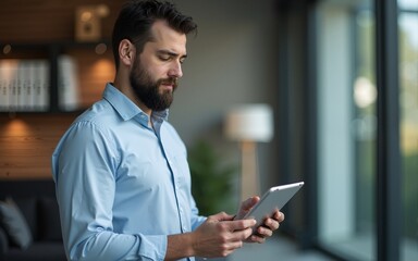 Mature handsome business man using a digital tablet at office. High quality