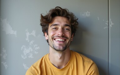 Handsome young man over grey grunge wall with a happy and cool smile on face. Lucky person. High quality