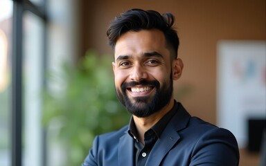 Portrait of young happy indian business man executive looking at camera. Eastern male professional teacher, smiling ethnic bearded entrepreneur or manager posing in office, close up face headshot.