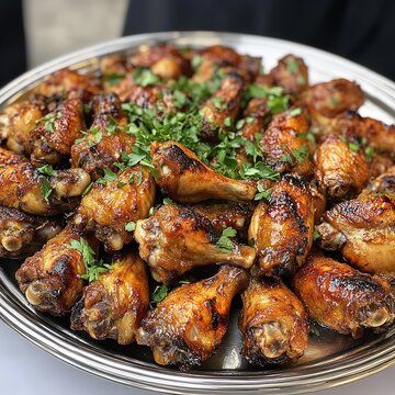 Large silver platter piled high with glistening perfectly grilled honey glazed chicken wings garnished with fresh chopped parsley on white background