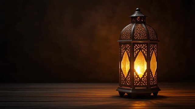 Traditional metal lantern glowing on rustic surface