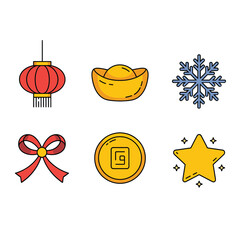 Seasonal celebration symbol icon set with lantern bow coin star snowflake festive holiday flat vector illustration elements